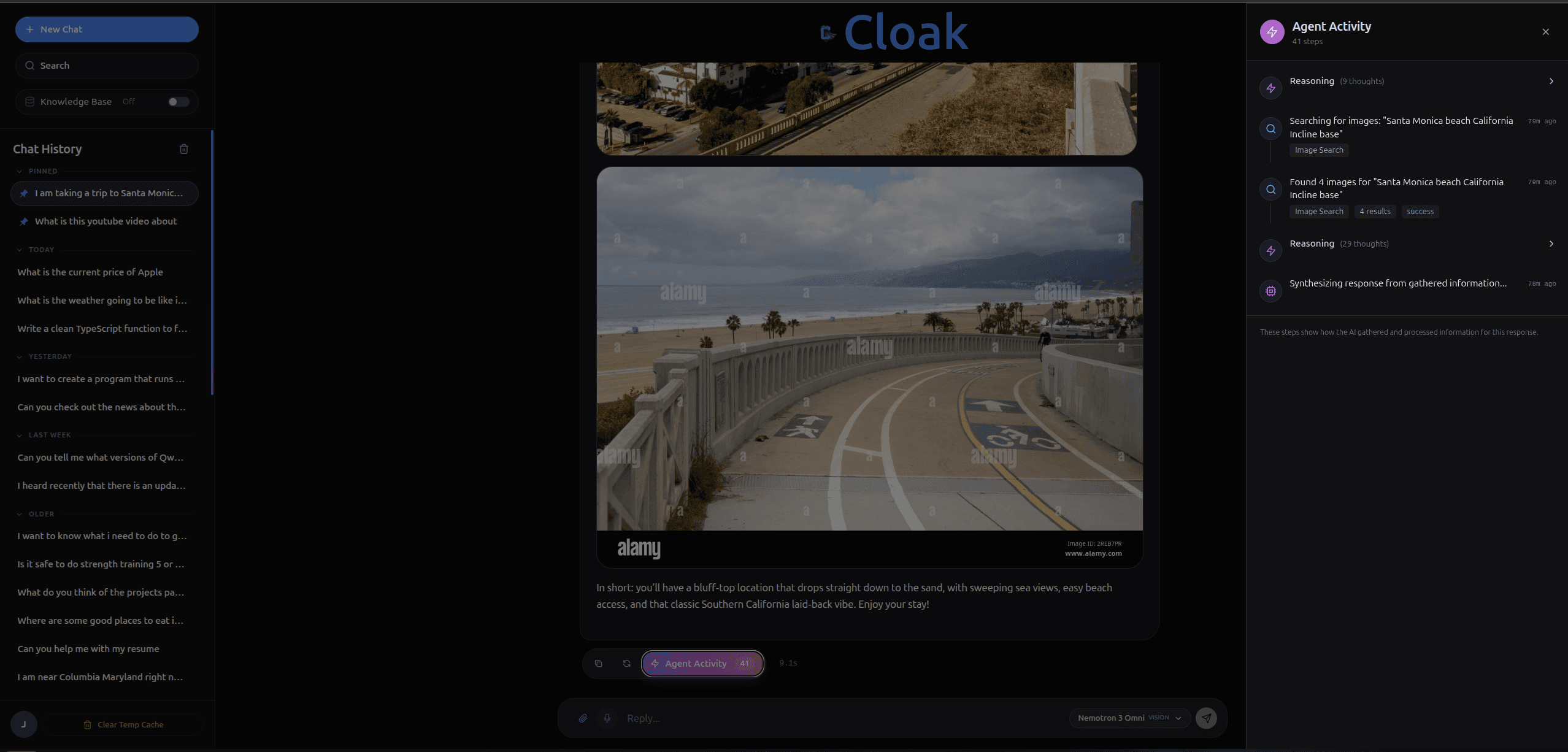 Agent Activity sidebar expanded, displaying the step-by-step reasoning trace and tool calls in real time.