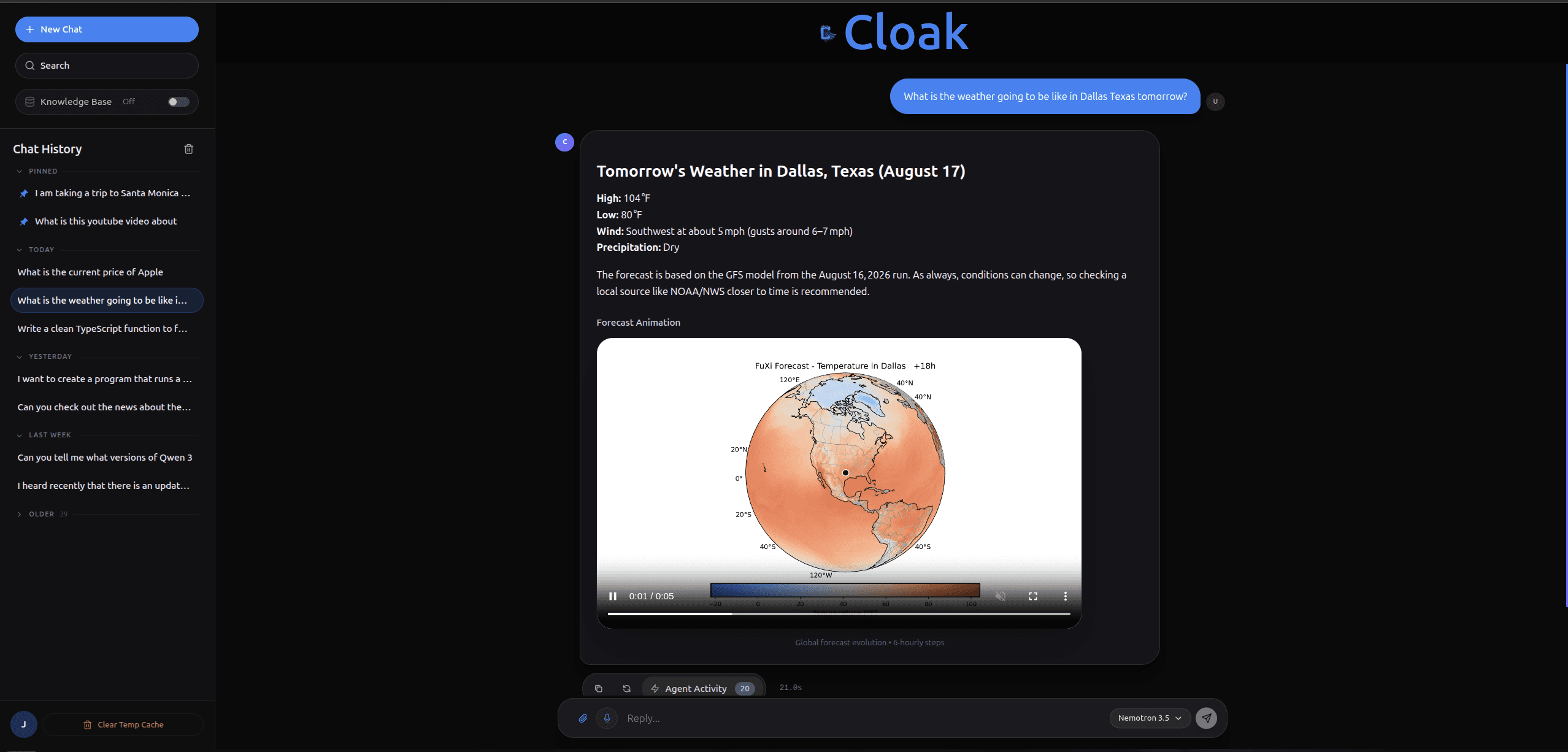 Full chat interface showing an example Weather tool response with inline forecast animation.