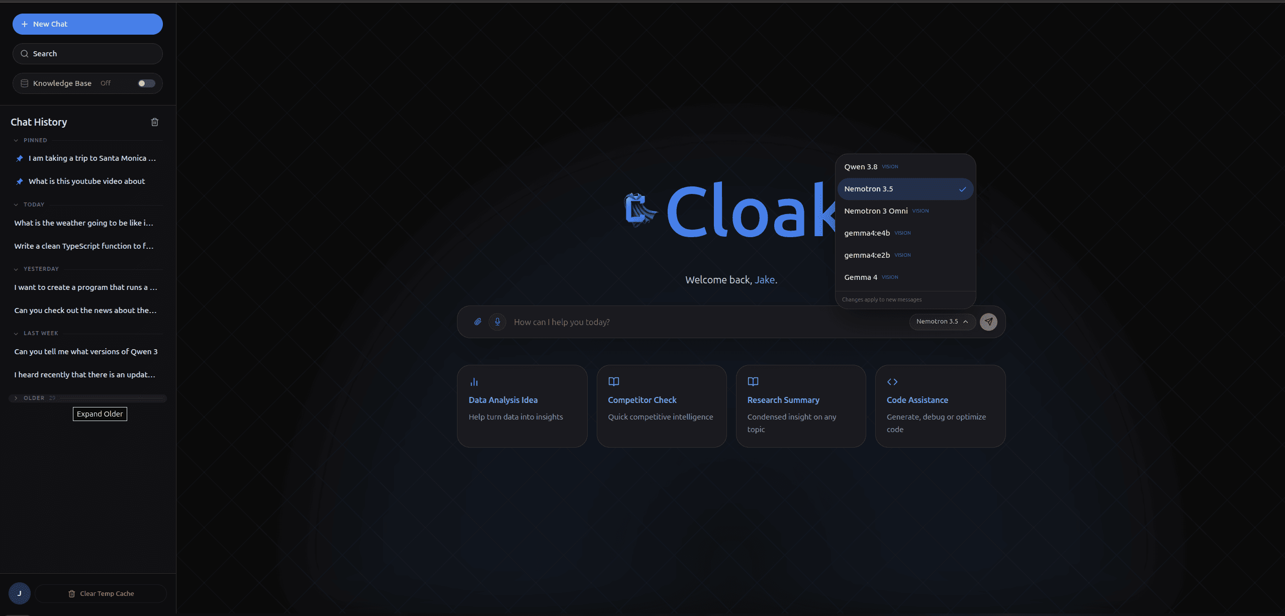 Main welcome screen featuring the dynamic model selector with support for Nemotron 3.5 and other local models.