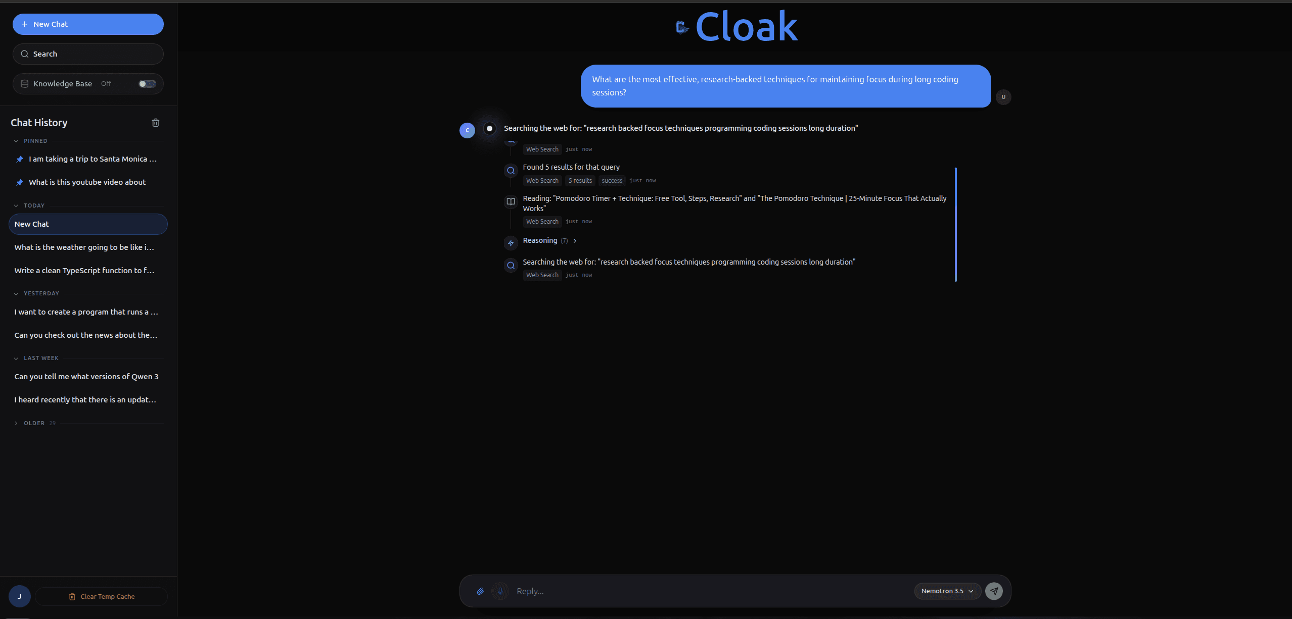 Inline agent activity steps shown directly inside the chat interface during response generation.
