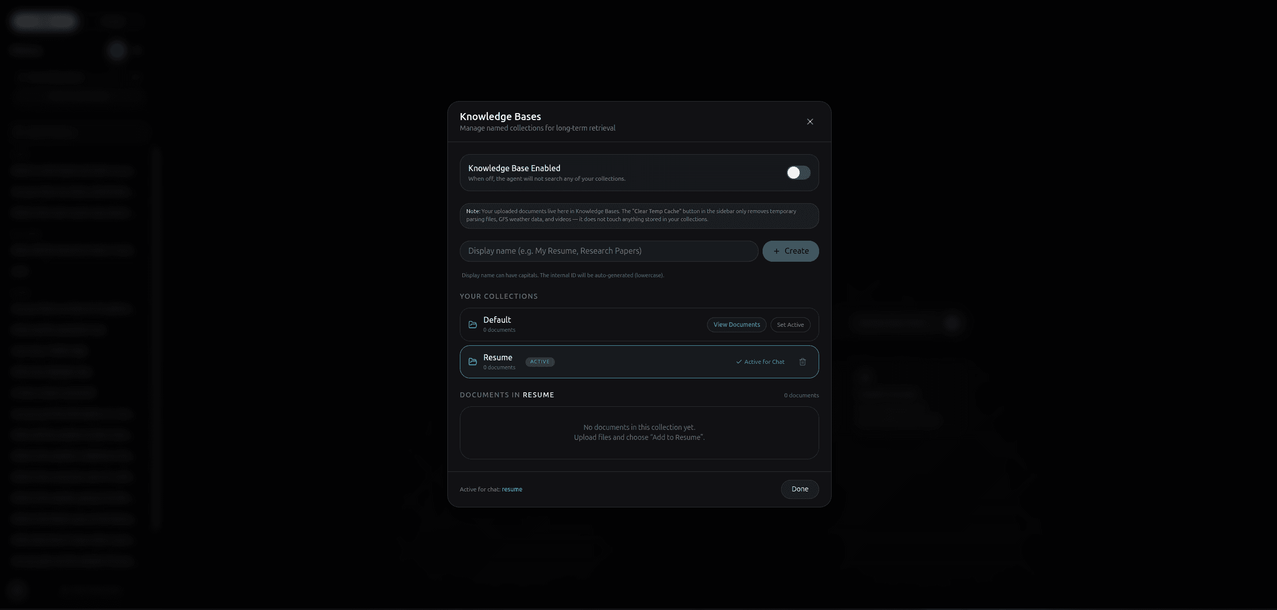 Knowledge Base Manager interface for creating and managing named knowledge bases.